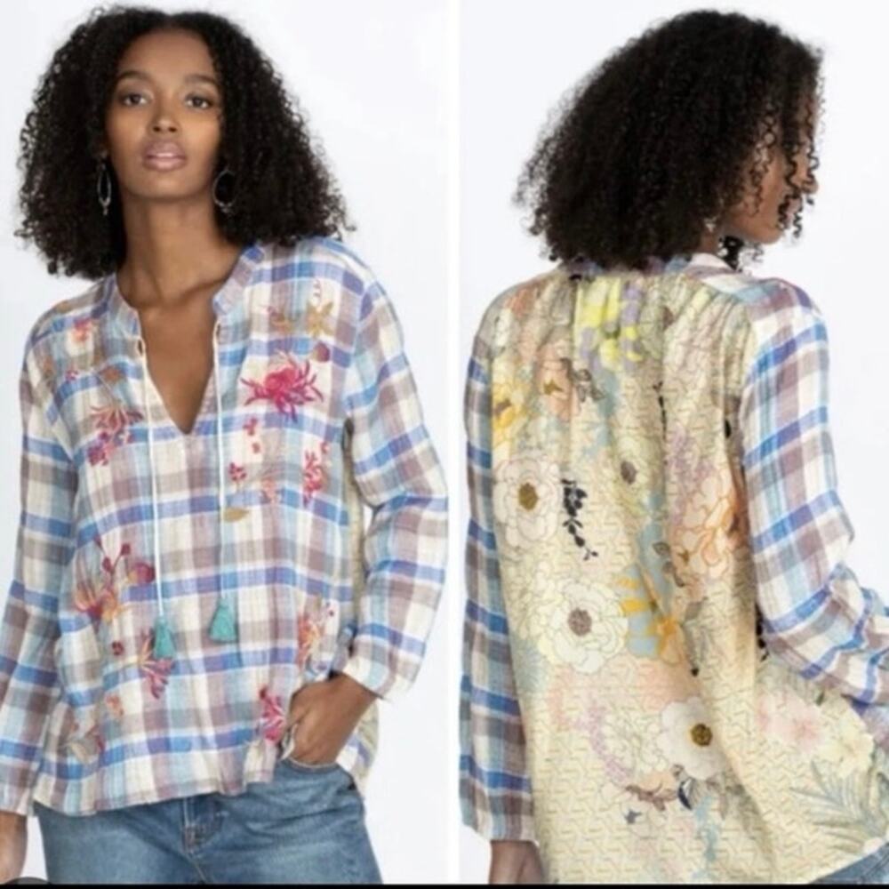 Johnny Was Workshop Viviana Effortless Silk Scarf Blouse Tunic Top Sz S  Boho